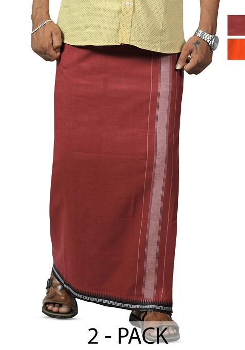 Orange Cotton Selection Of 2 Cotton Kerala Style Thalapathi Border Dhotis For Men