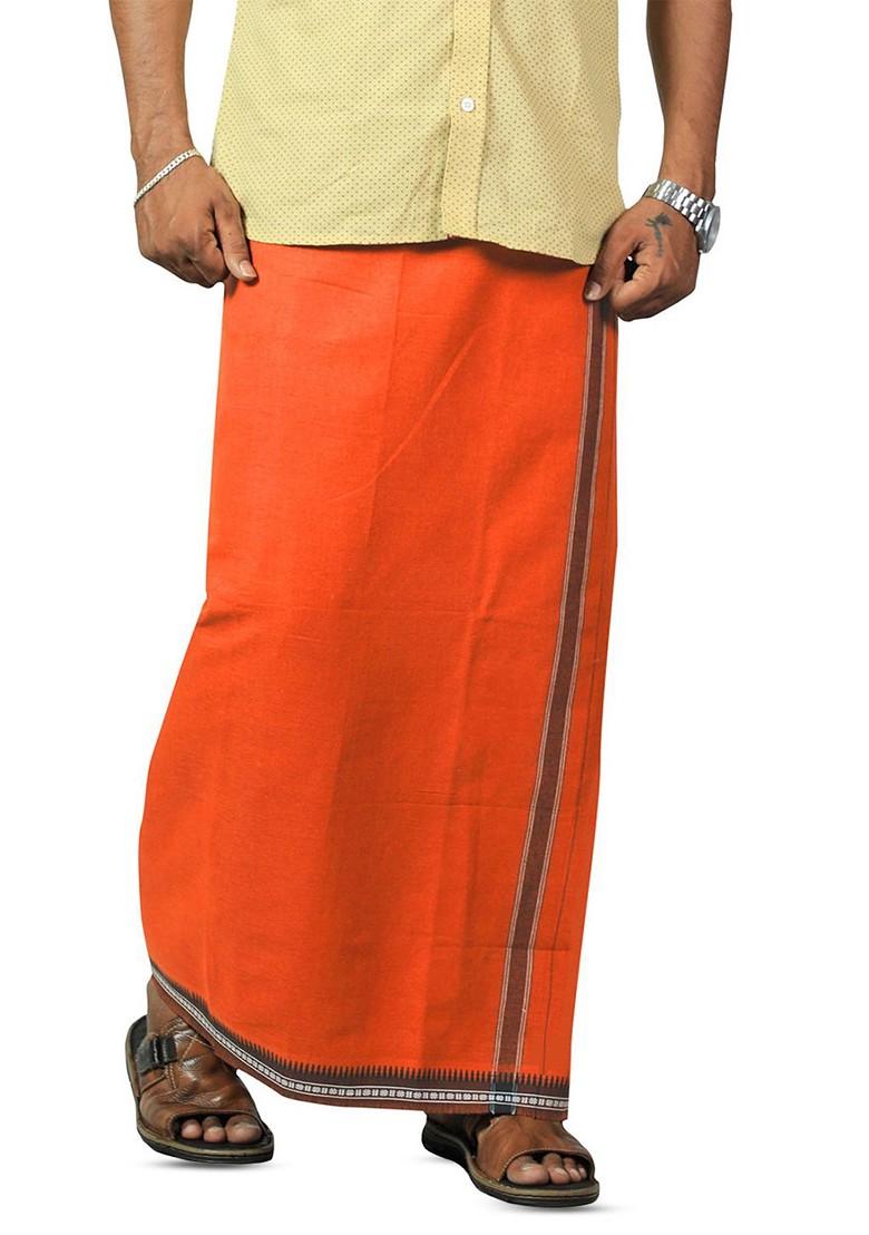 Orange Cotton Pack Of 2 Kerala Style Thalapathi Border Cotton Dhotis For Men