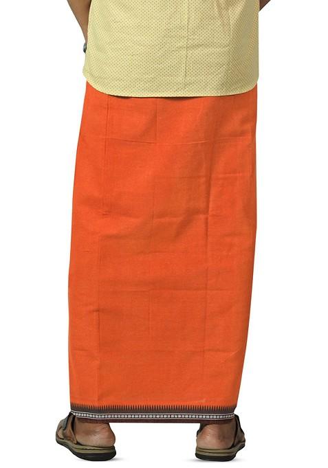 Orange Cotton Pack Of 2 Kerala Style Thalapathi Border Cotton Dhotis For Men