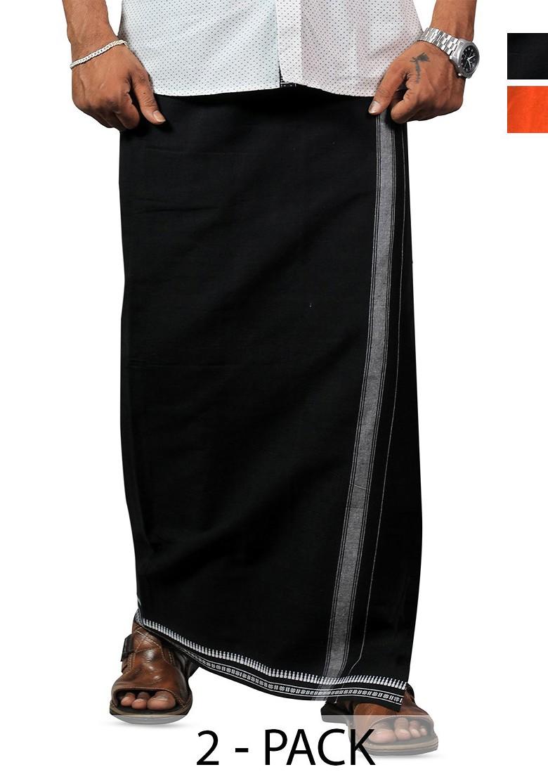 Orange Cotton Selection Of 2 Kerala Style Thalapathi Pure Cotton Dhotis For Men