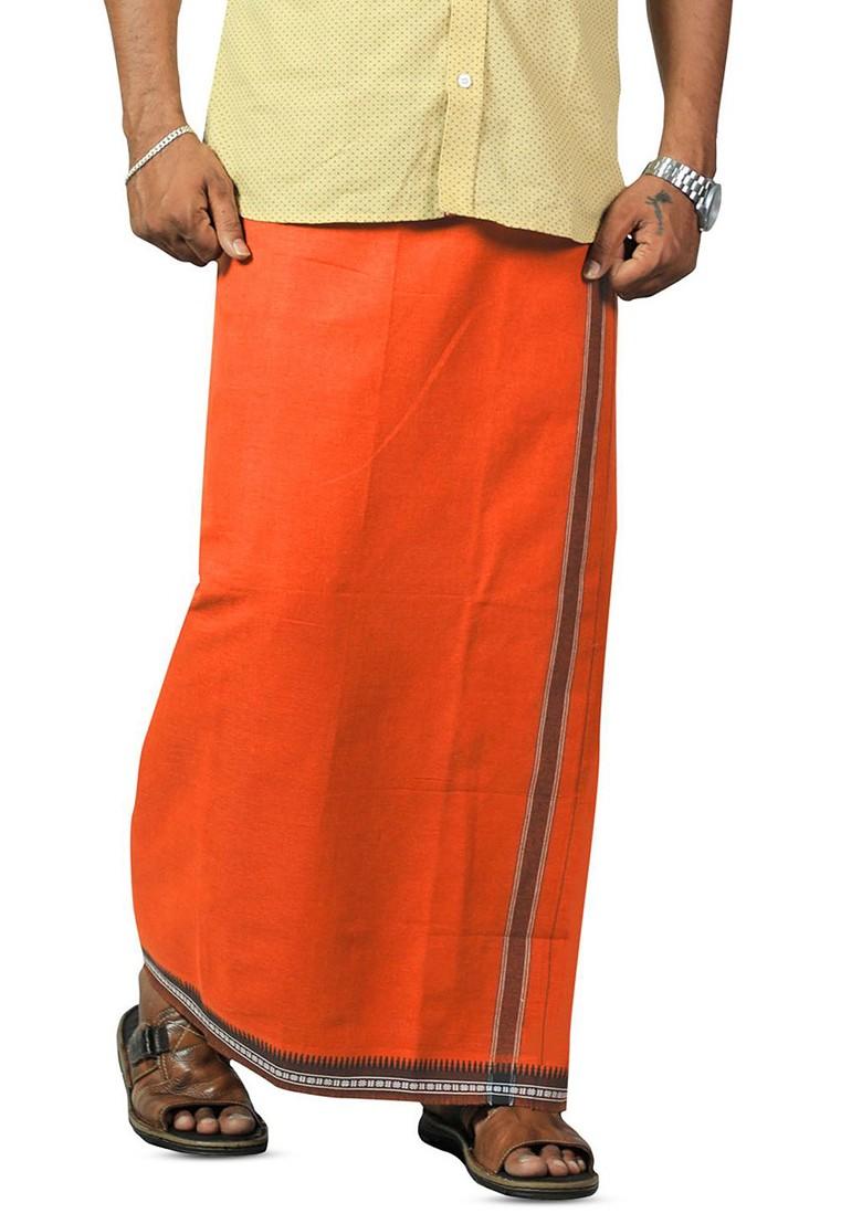 Orange Cotton Selection Of 2 Kerala Style Thalapathi Pure Cotton Dhotis For Men - Indya
