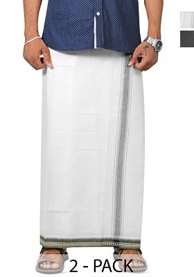 Grey Cotton Selection Of 2 Cotton Thalapathi Border Dhotis For Men