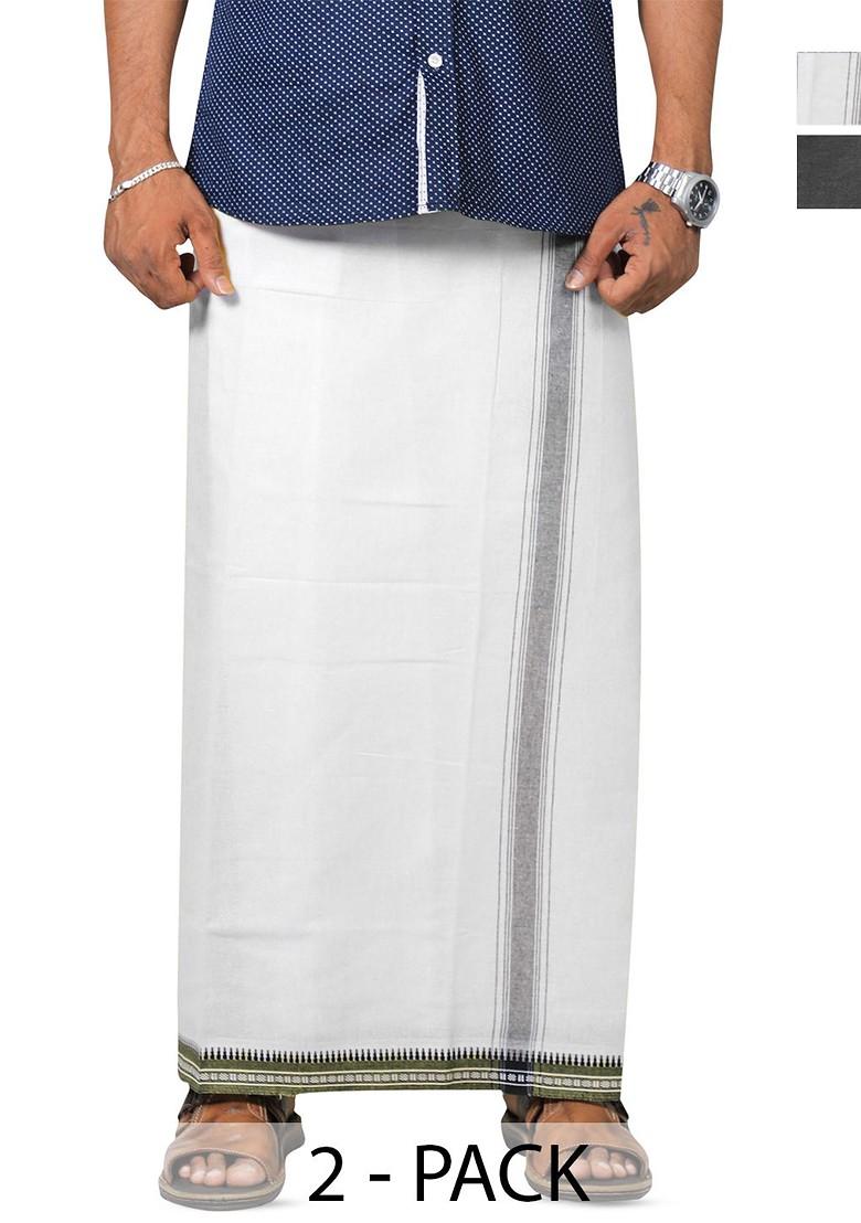 Grey Cotton Selection Of 2 Cotton Thalapathi Border Dhotis For Men - Indya