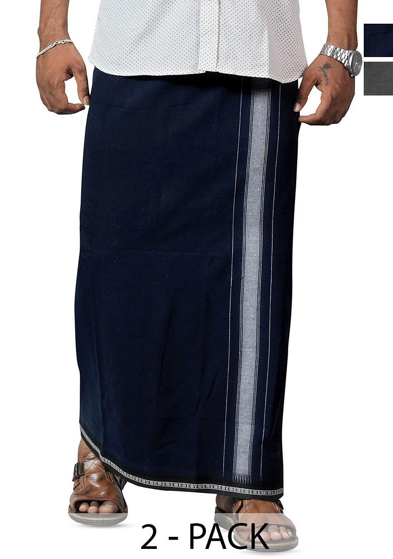 Grey Cotton Selection Of 2 Pure Cotton Dhotis For Men - Indya