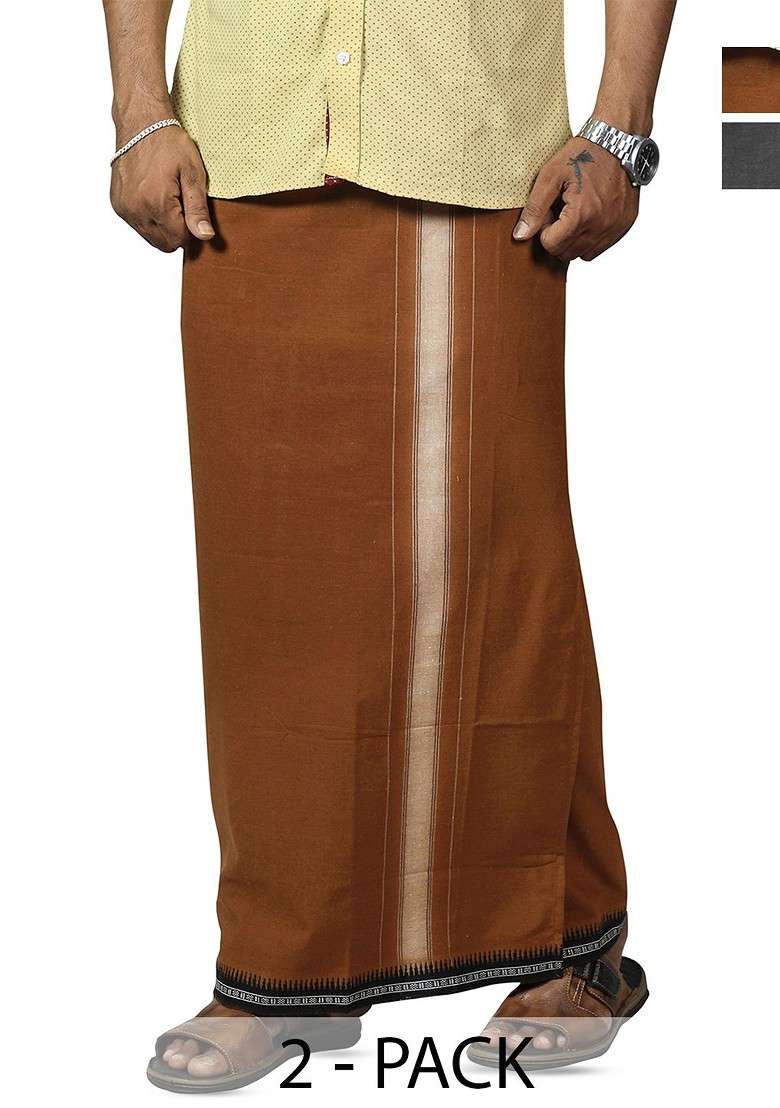 Grey Cotton Pack Of 2 Cotton Dhotis For Men - Indya
