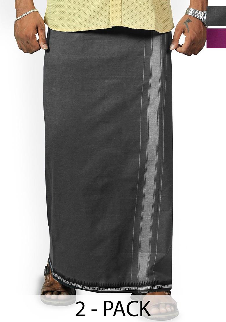 Grey Cotton Pack Of 2 Pure Cotton Border Dhoti For Men - Indya