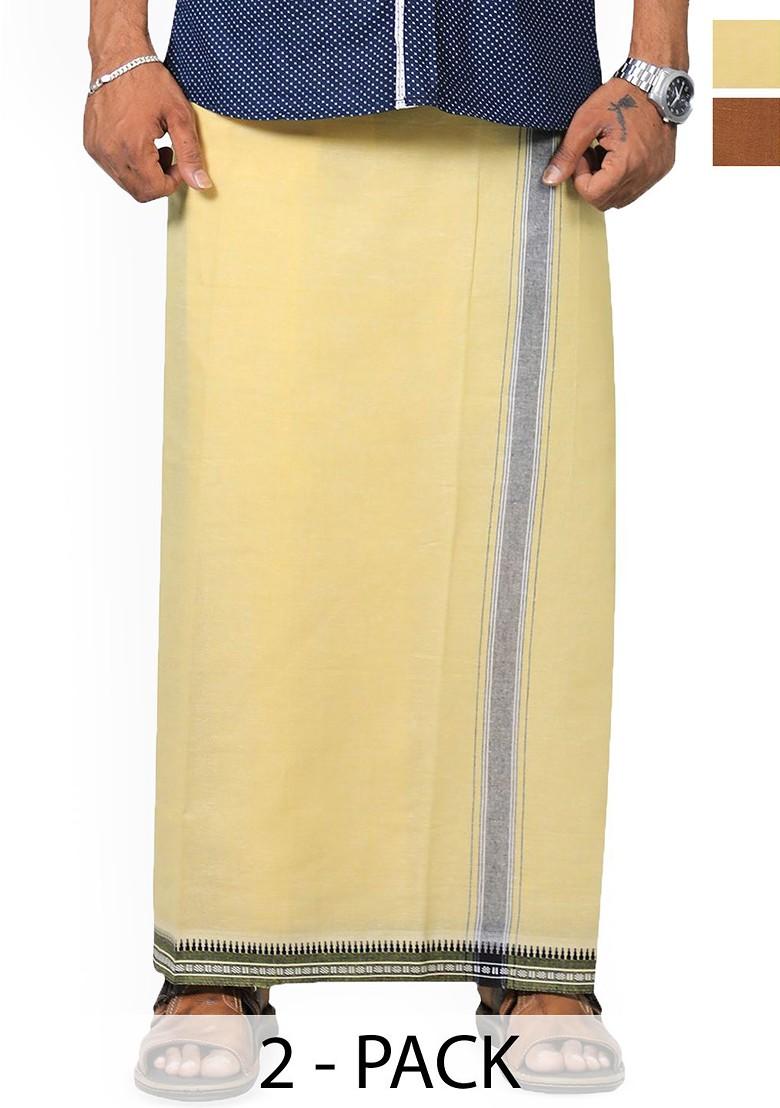 Yellow Cotton Selection Of 2 Kerala Style Thalapathi Border Cotton Dhotis For Men
