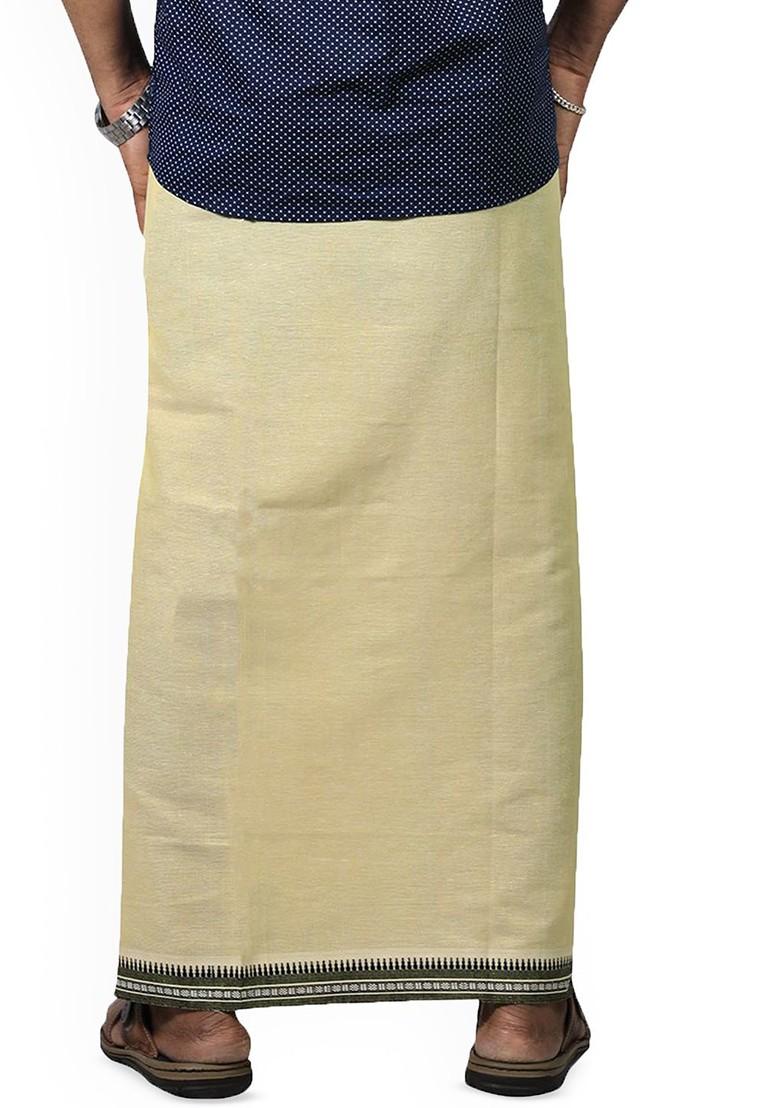 Yellow Cotton Selection Of 2 Kerala Style Thalapathi Border Cotton Dhotis For Men
