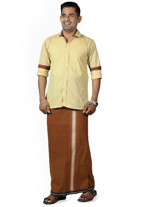 Yellow Cotton Selection Of 2 Kerala Style Thalapathi Border Cotton Dhotis For Men