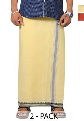 Yellow Cotton Selection Of 2 Cotton Thalapathi Border Dhotis For Men