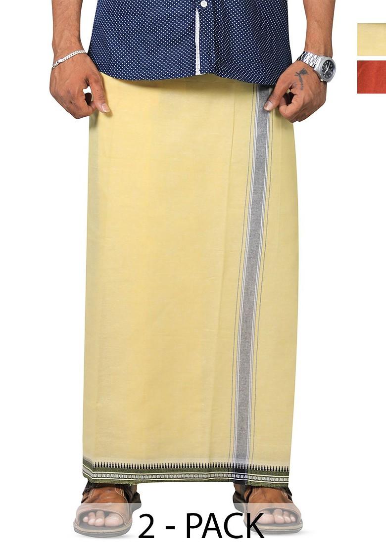 Yellow Cotton Selection Of 2 Cotton Thalapathi Border Dhotis For Men - Indya