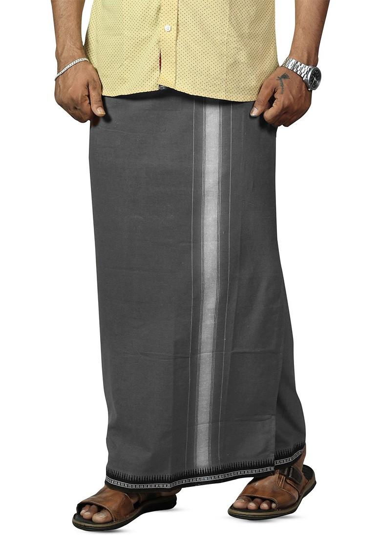 Grey Cotton Selection Of 2 Kerala Style Thalapathi Pure Cotton Dhotis For Men - Indya