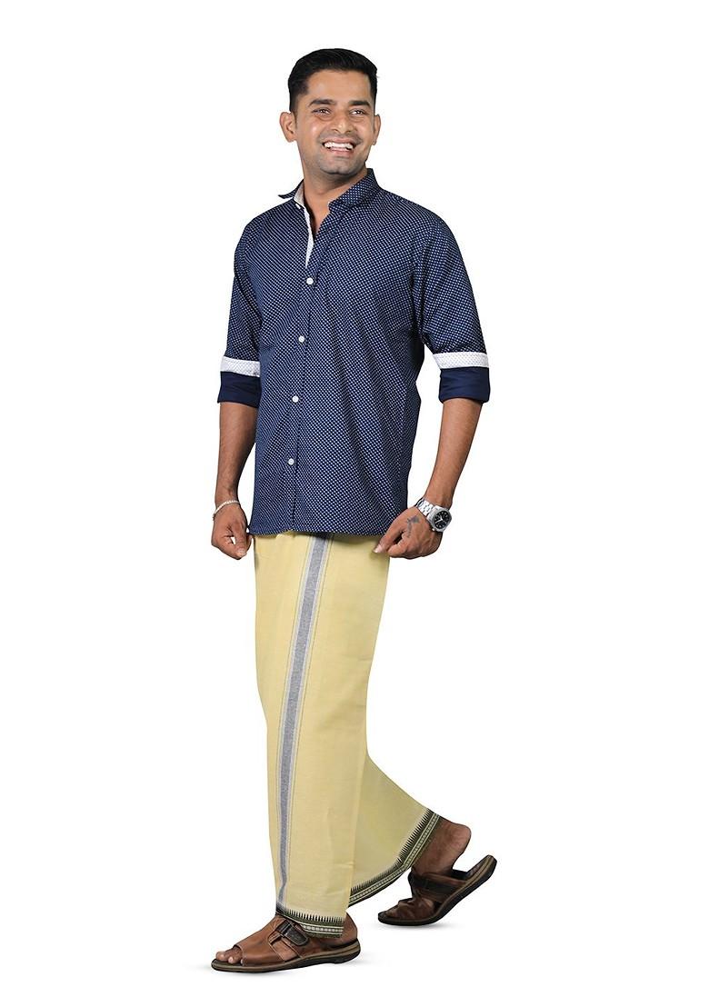 Yellow Cotton Pack Of 2 Cotton Border Dhoti For Men - Indya