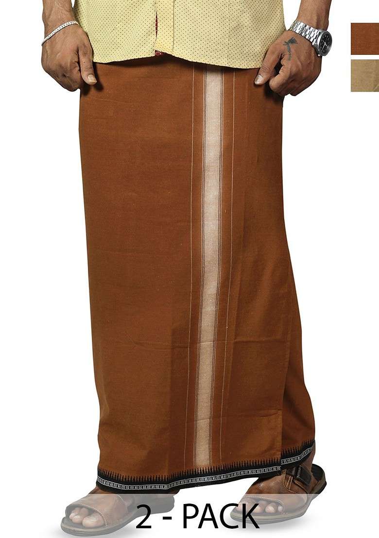 Beige Cotton Pack Of 2 Solid Pure Cotton Dhotis For Men - Indya