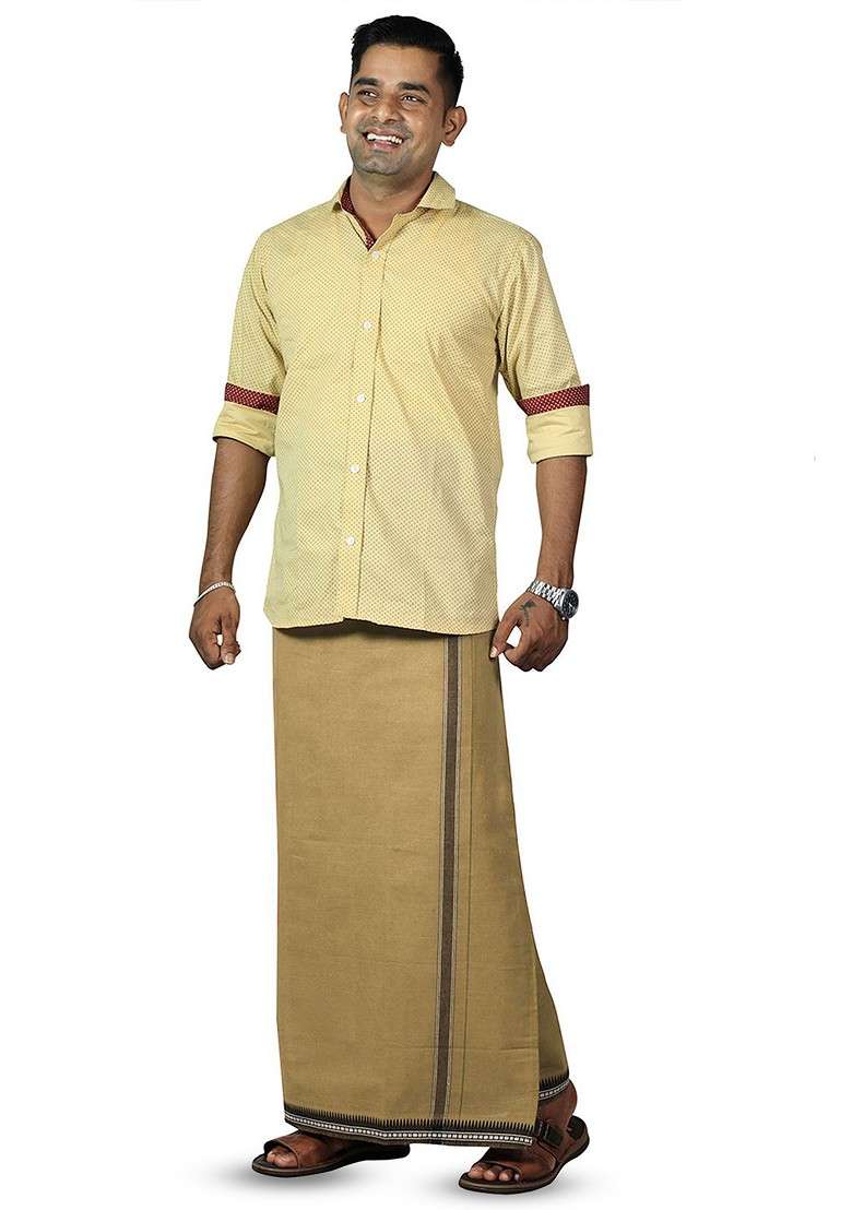 Beige Cotton Pack Of 2 Solid Pure Cotton Dhotis For Men - Indya
