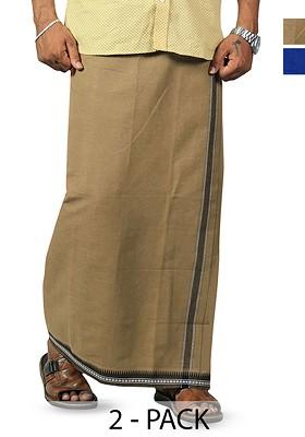 Beige Cotton Pack Of 2 Cotton Kerala Style Thalapathi Border Dhotis For Men
