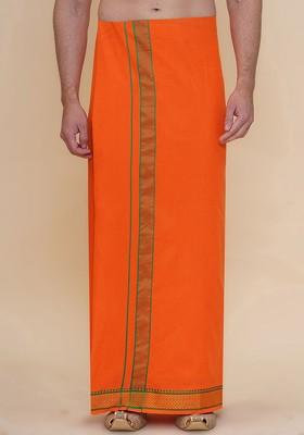 Orange Solid Cotton Dhoti With Border For Men
