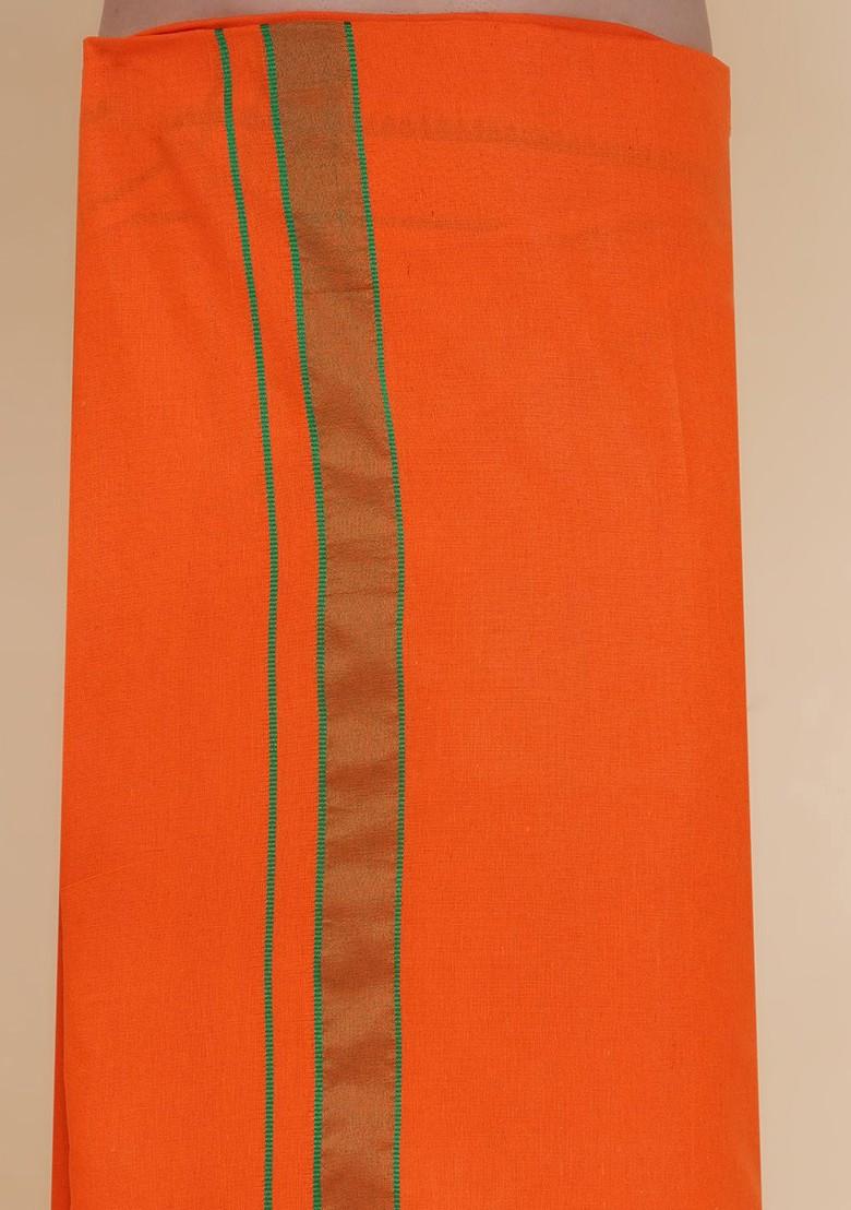 Orange Solid Cotton Dhoti With Border For Men - Indya