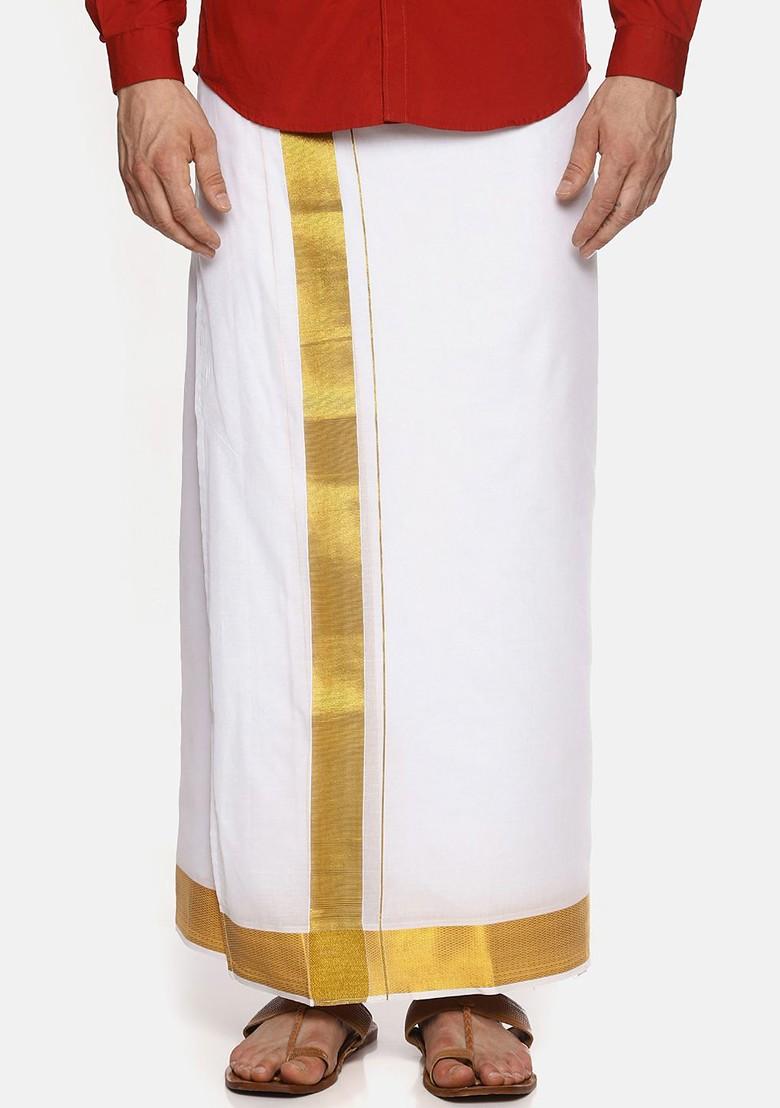 White Solid Double Layer Dhoti For Men - Indya