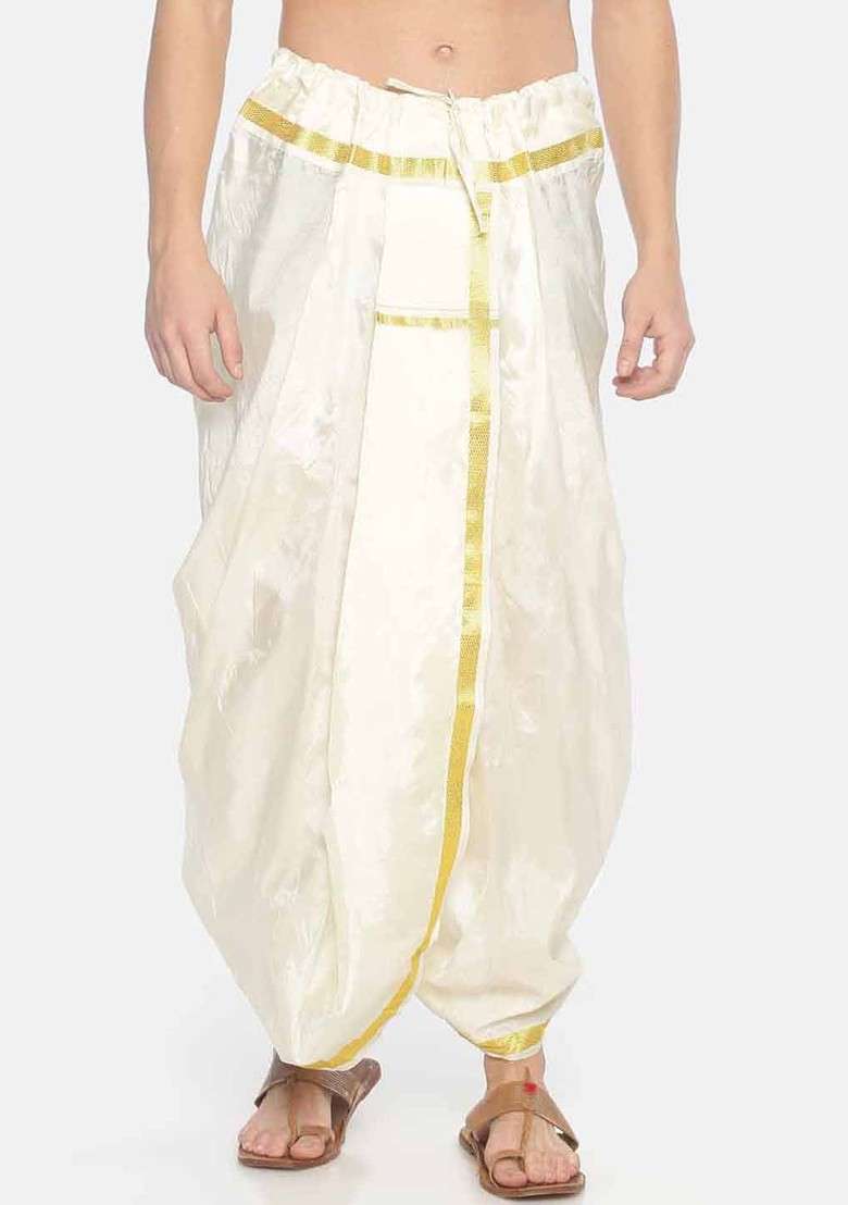 Cream Coloured Solid Pocket Dhoti For Men - Indya