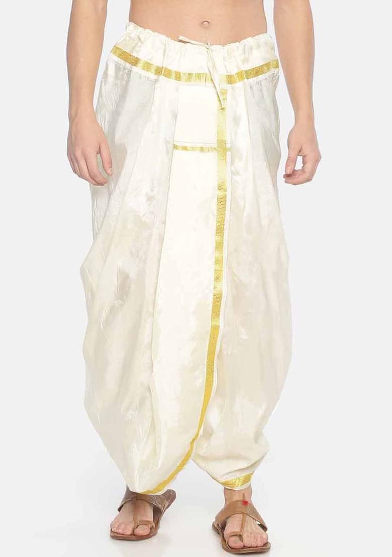Cream Coloured Solid Pocket Dhoti For Men - Indya