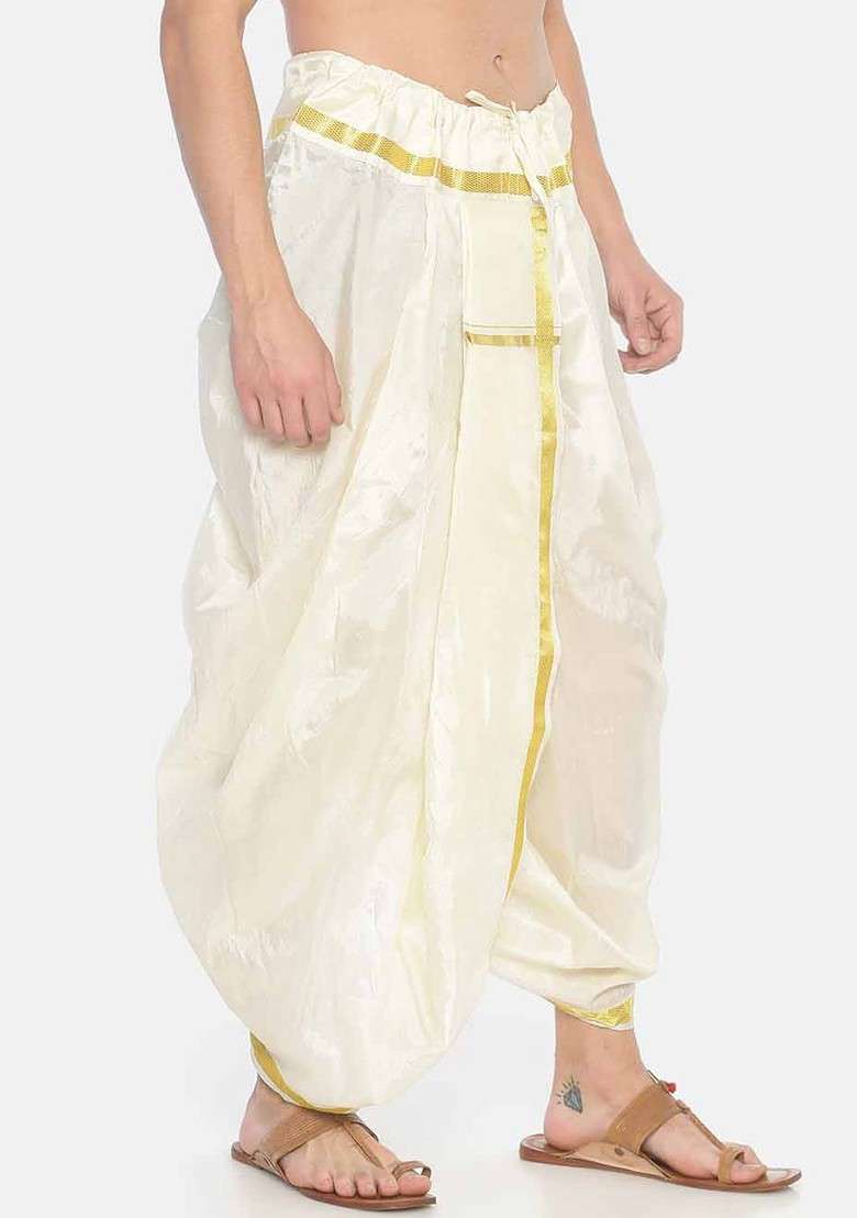 Cream Coloured Solid Pocket Dhoti For Men - Indya