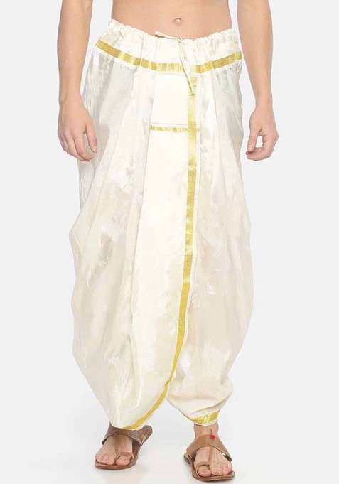 Cream Coloured Solid Pocket Dhoti For Men