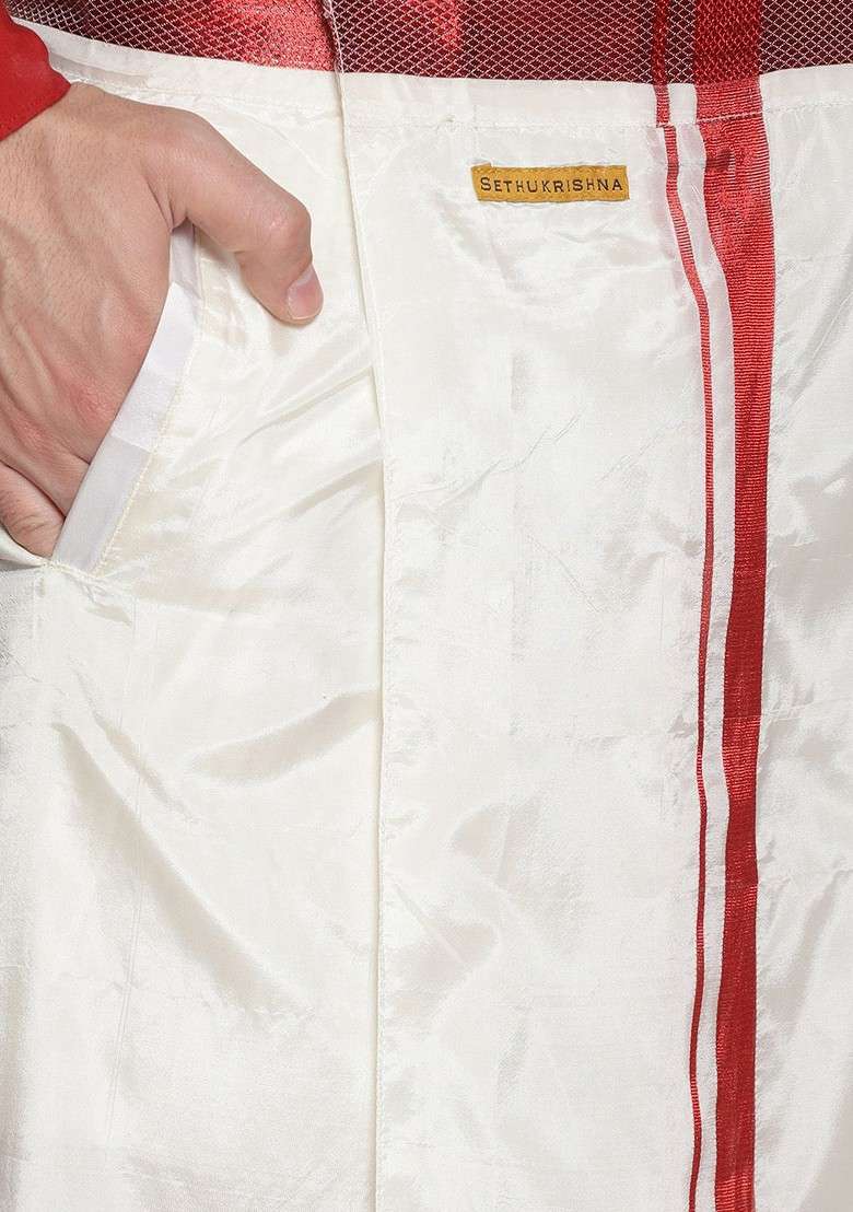 Cream Coloured Solid Double Layer Dhoti With Pocket For Men - Indya