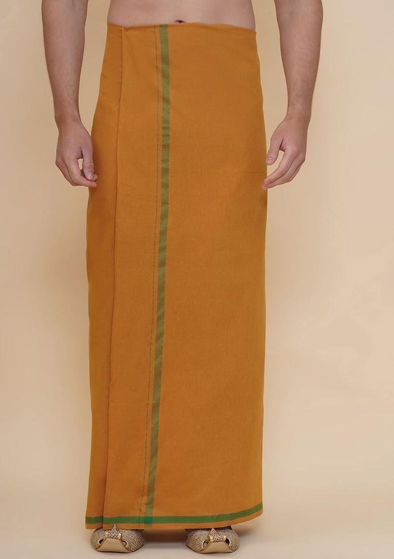Brown Solid Cotton Dhoti With Border For Men - Indya