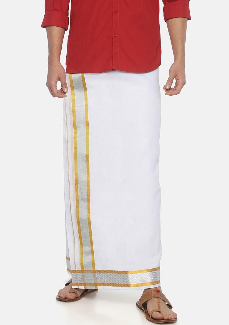 White Solid Double Layer Pocket Dhoti For Men - Indya