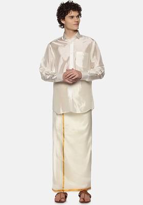 Cream Coloured Solid Art Silk Dhoti For Men