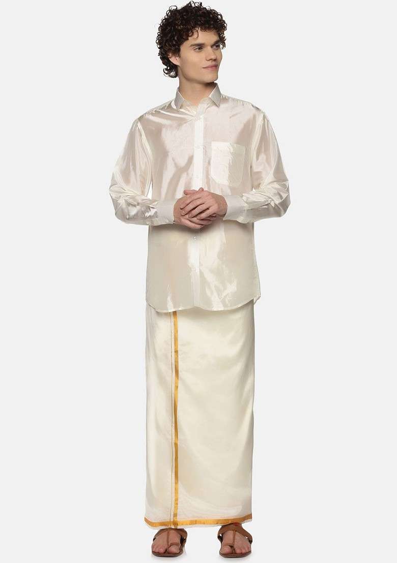 Cream Coloured Solid Art Silk Blend Dhoti For Men - Indya