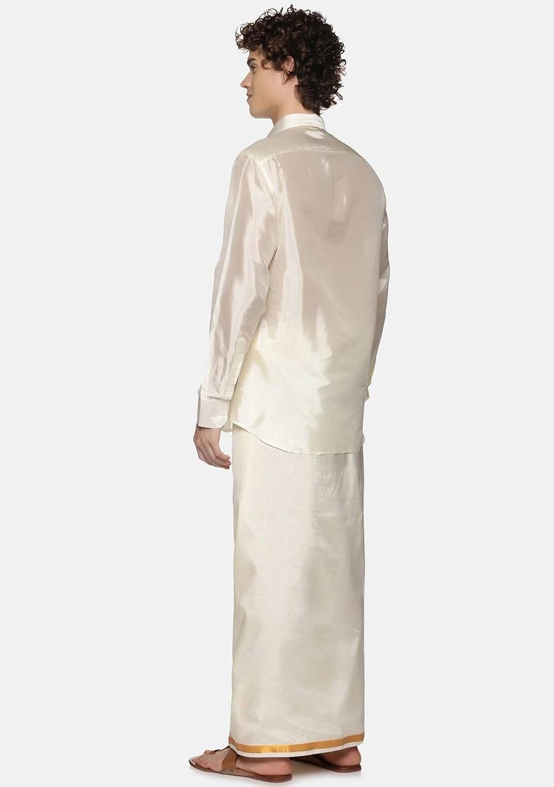 Cream Coloured Solid Art Silk Dhoti For Men - Indya