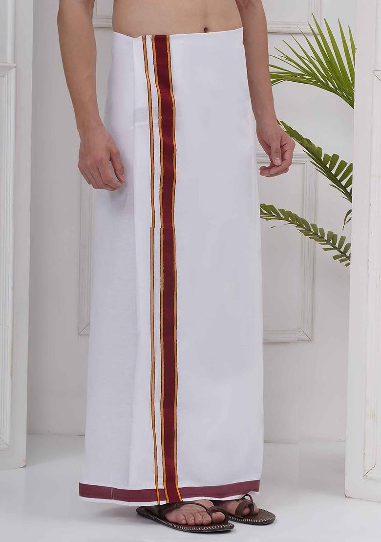 White Regular Cotton Dhoti For Men - Indya