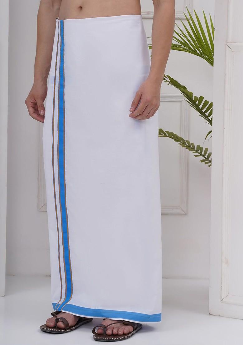 White Regular Cotton Dhoti For Men - Indya