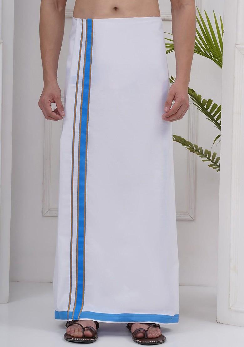 White Regular Cotton Dhoti For Men - Indya