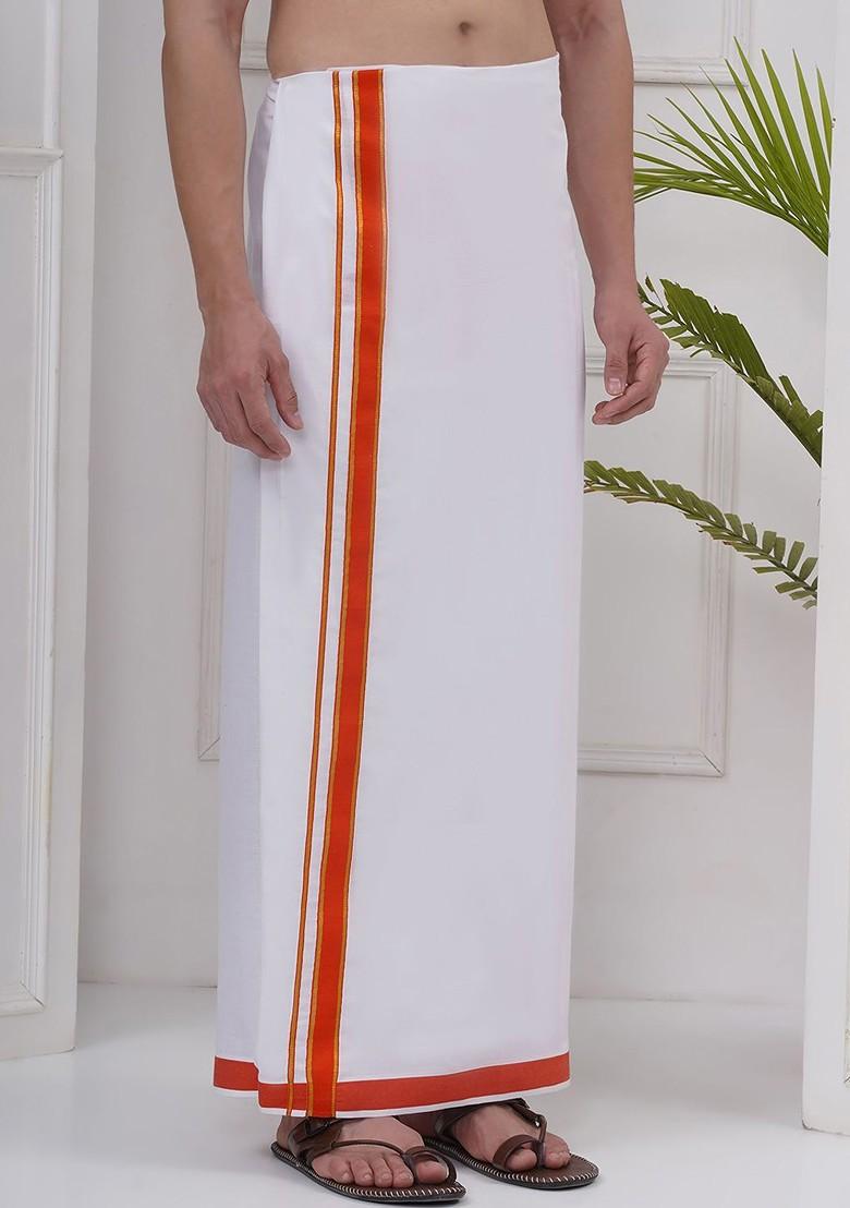 White Regular Cotton Dhoti For Men - Indya