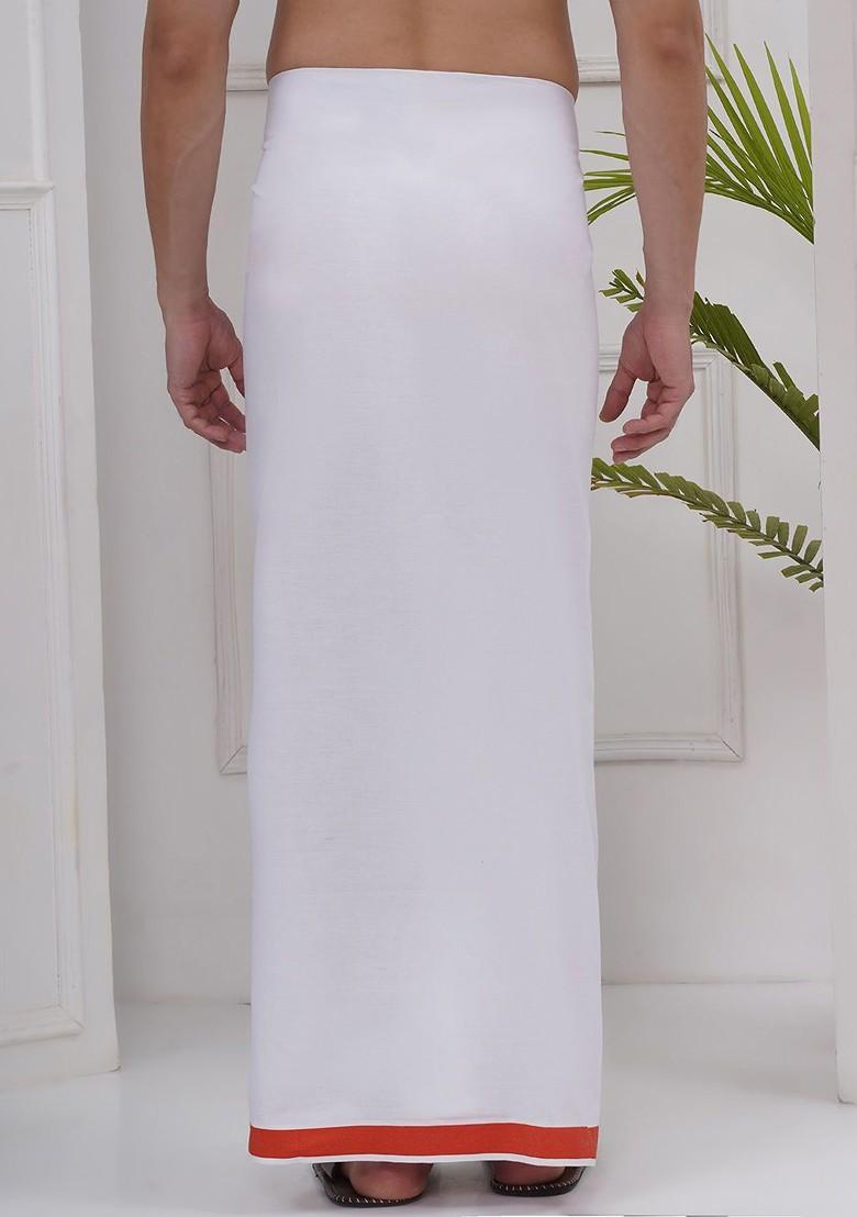 White Regular Cotton Dhoti For Men - Indya