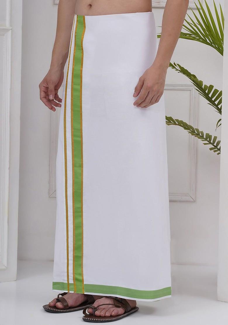 White Regular Cotton Dhoti For Men - Indya