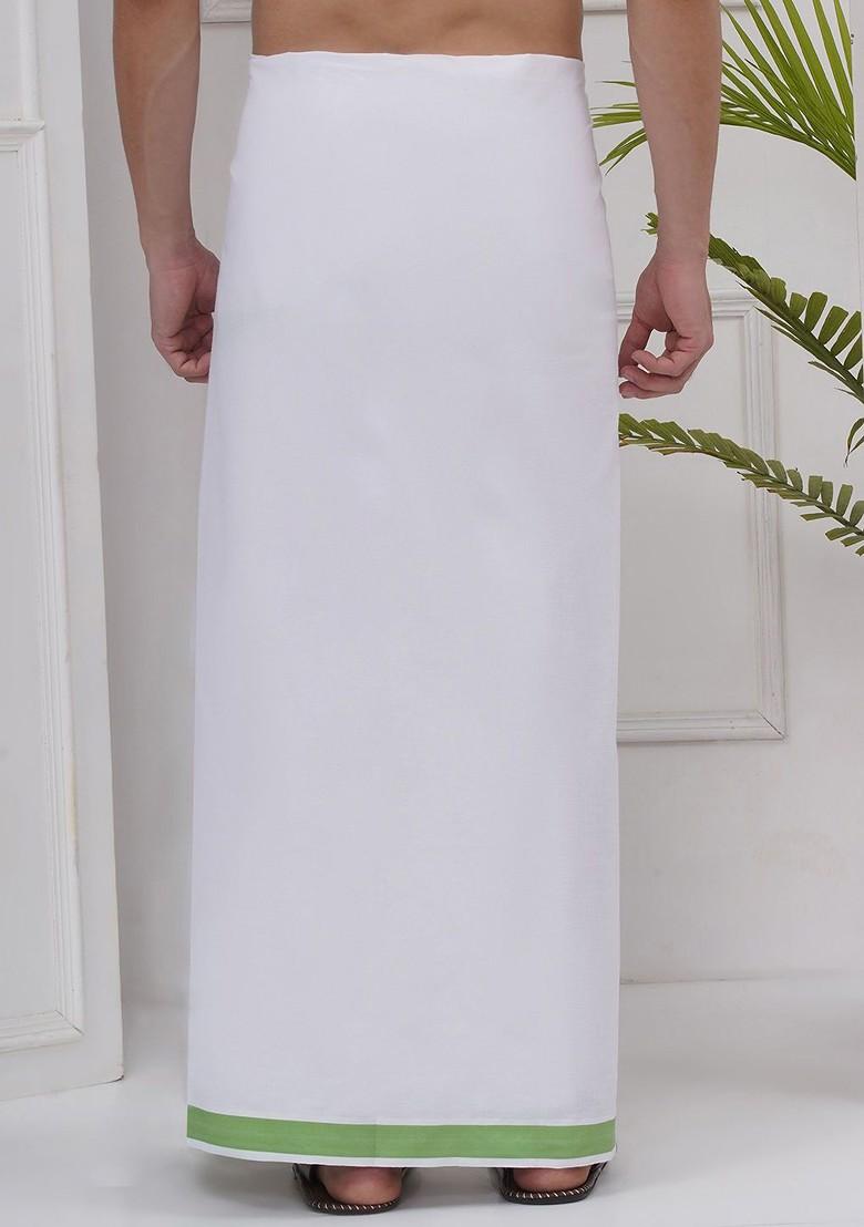 White Regular Cotton Dhoti For Men - Indya