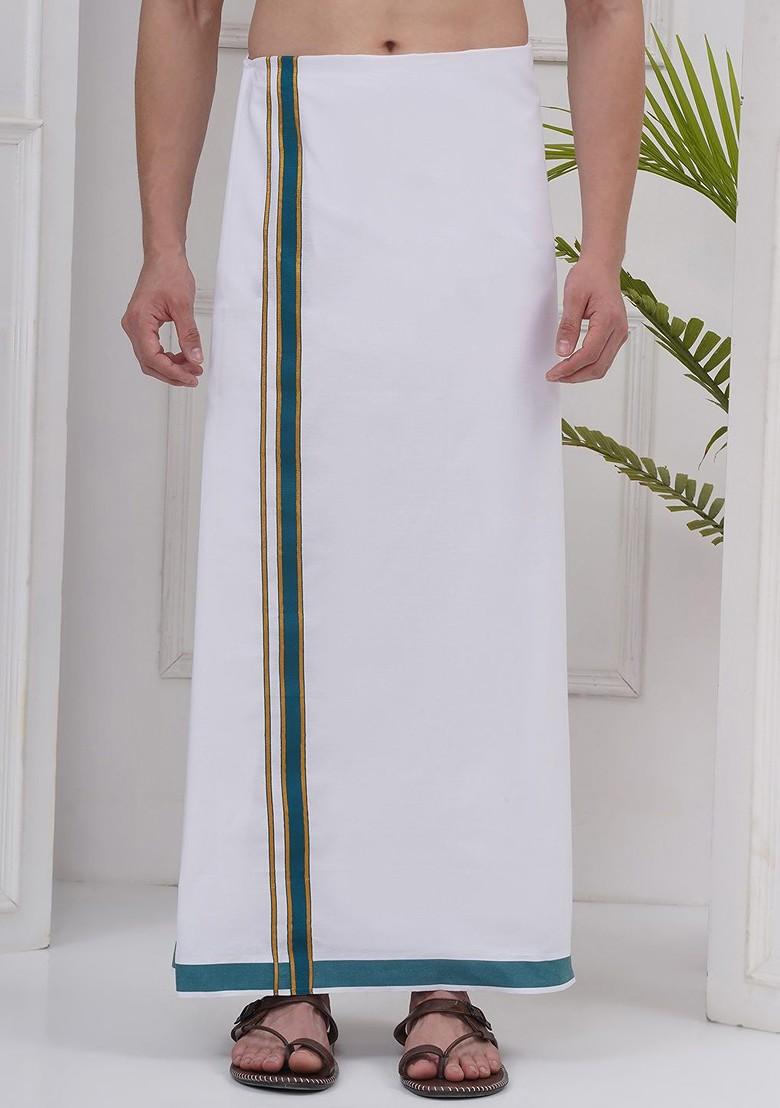 White Regular Cotton Dhoti For Men - Indya