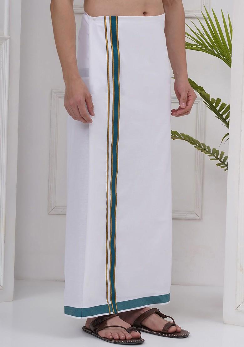 White Regular Cotton Dhoti For Men - Indya