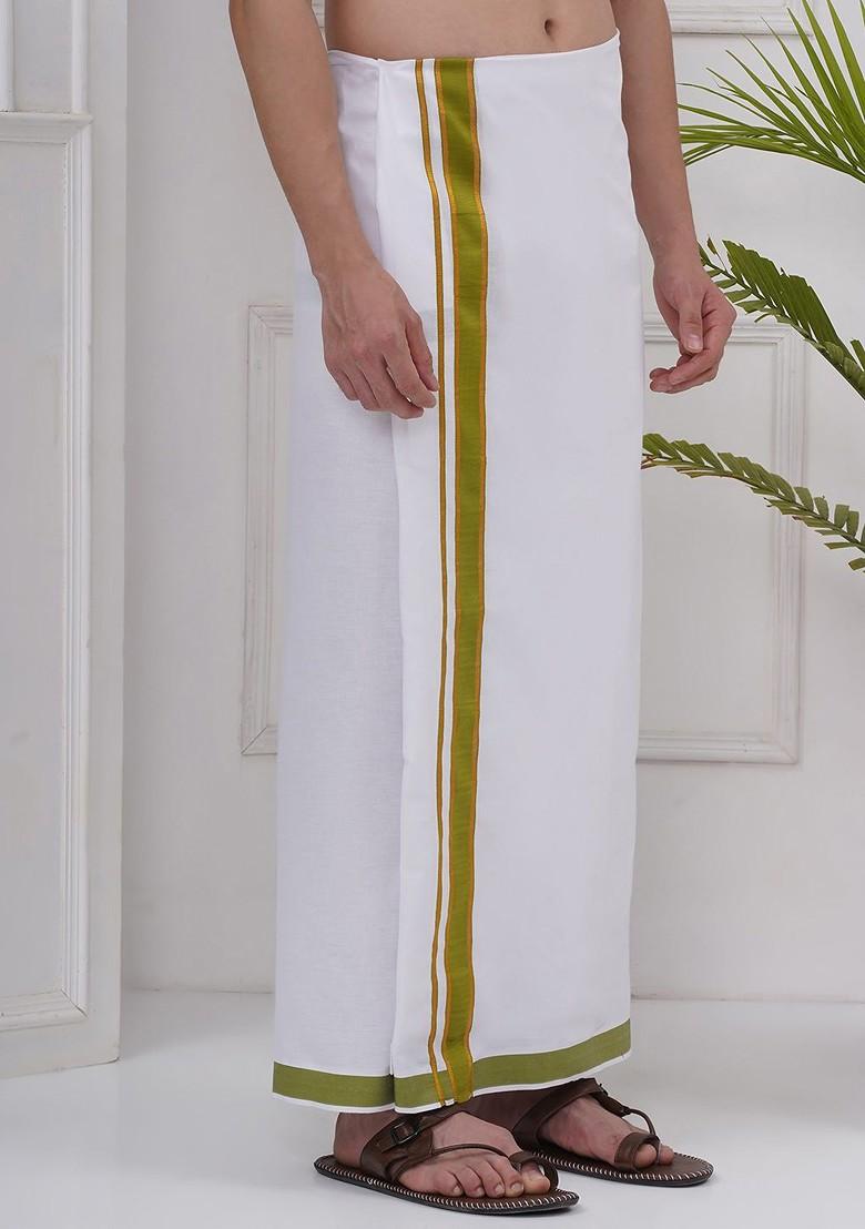 White Regular Cotton Dhoti For Men - Indya