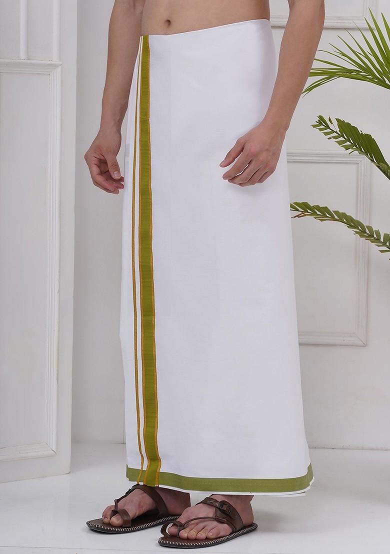 White Regular Cotton Dhoti For Men - Indya