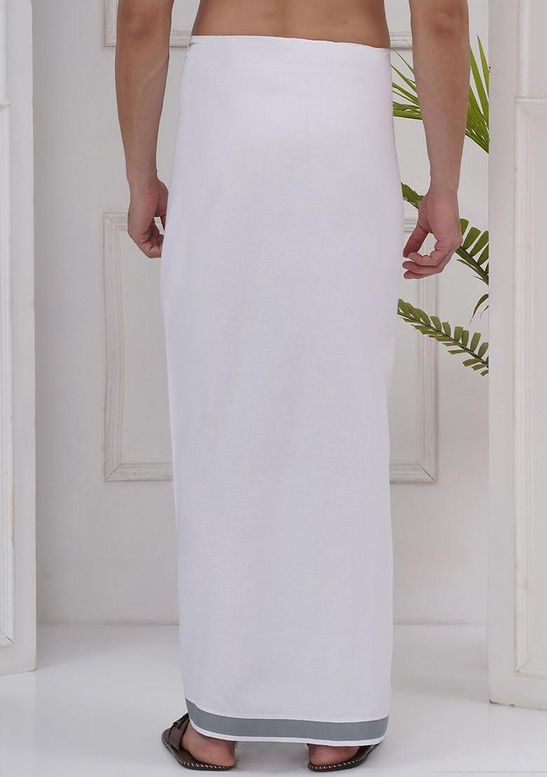 White Regular Cotton Dhoti For Men - Indya