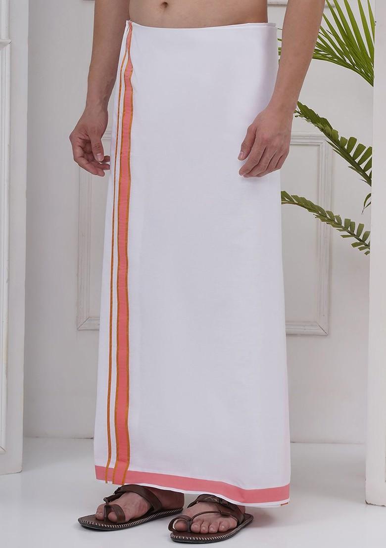 White Regular Cotton Dhoti For Men - Indya