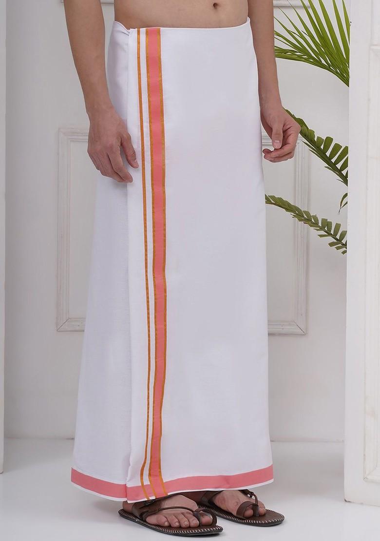 White Regular Cotton Dhoti For Men - Indya