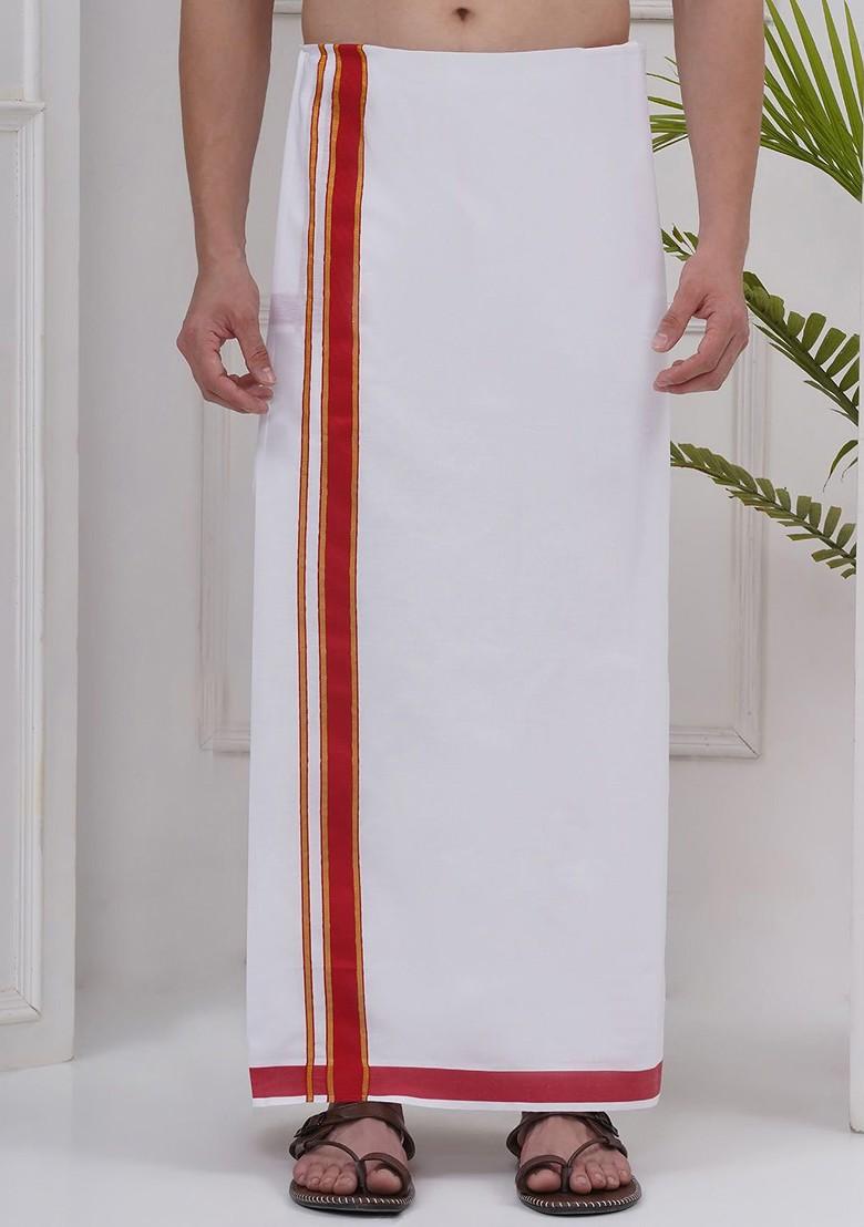 White Regular Cotton Dhoti For Men - Indya