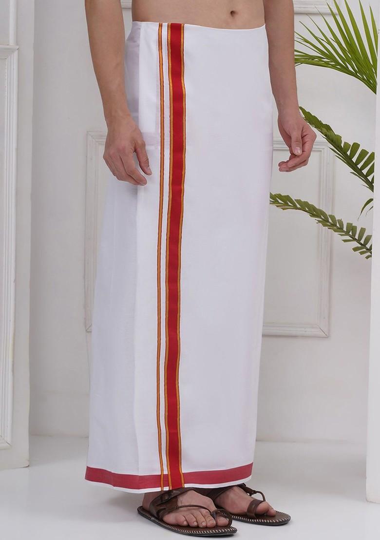 White Regular Cotton Dhoti For Men - Indya