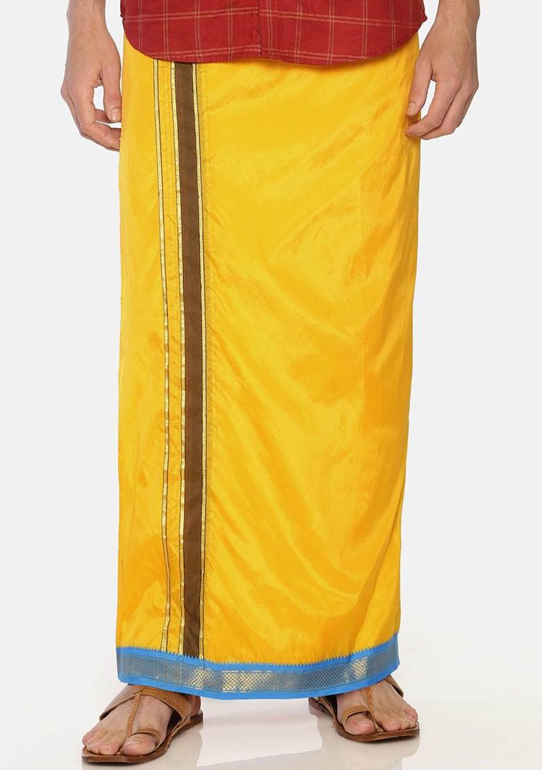 Yellow Solid Double Layer Dhoti For Men